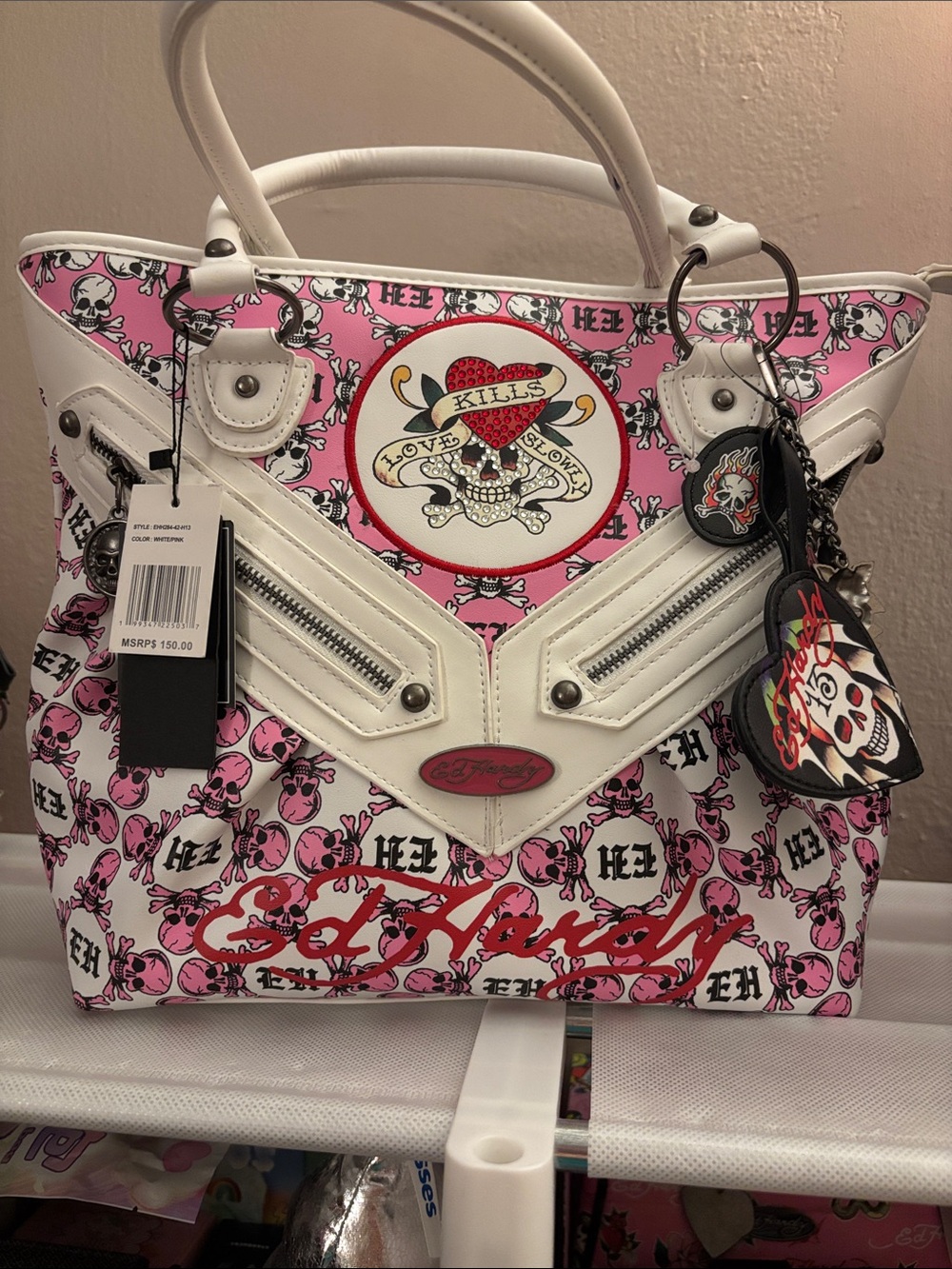 Ed Hardy Pink and White Skull Tote Bag NWT